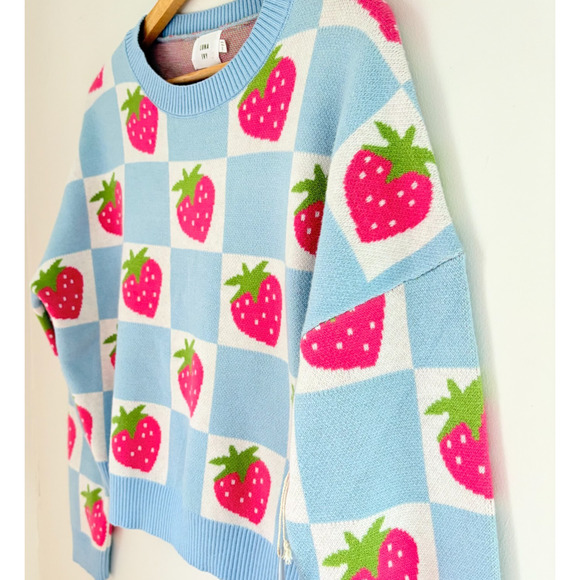 Luna Ivy Strawberry Checkerboard Knit Sweater Blue Pink Y2K Kawaii Pastel S - Picture 6 of 11